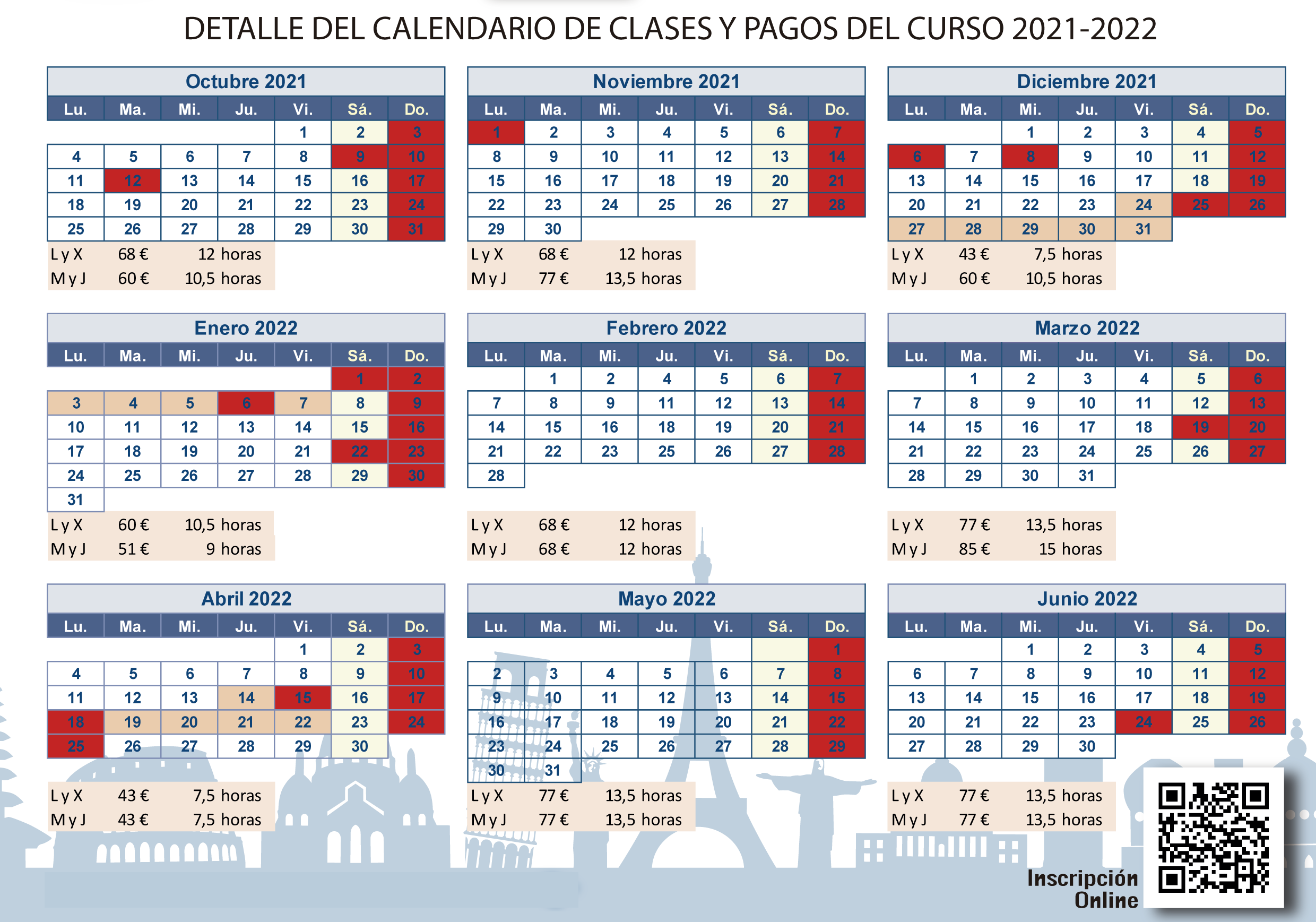 calendarios de clases de ingles por meses del curso 2021 - 22