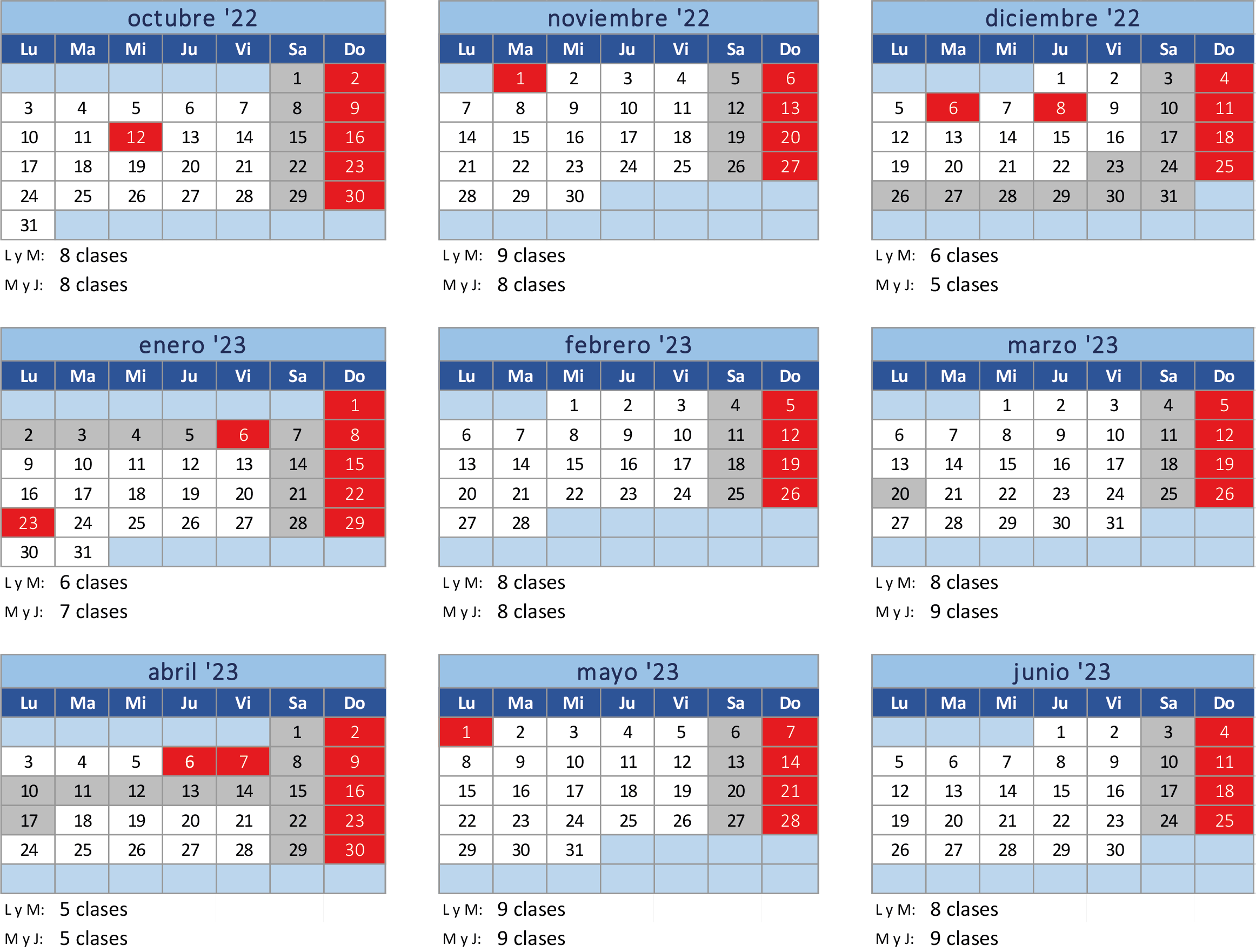 calendarios de clases de ingles por meses del curso 2022 - 23